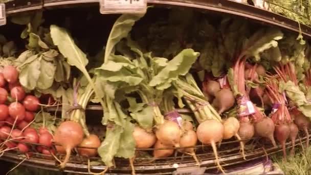 Rábanos Cebollas Una Sección Productos Tienda Comestibles — Vídeos de Stock