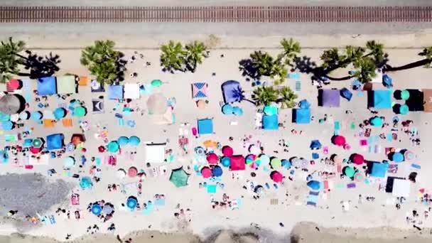 Дрони Постріл Довгої Ділянки Надзвичайно Переповненого Пляжу Розташованого Південній Каліфорнії — стокове відео