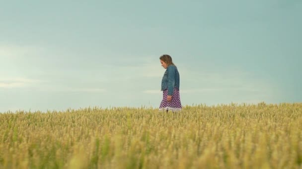 Karede Genç Güzel Bir Kadının Buğday Tarlasında Ağır Çekimde Yürüdüğünü — Stok video