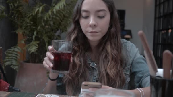 Ein Schönes Mädchen Plaudert Sitzt Und Trinkt Einem Vintage Café — Stockvideo