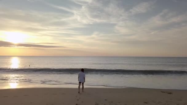 ビーチの日の出に向かって歩いている女性の後にドローンショット — ストック動画
