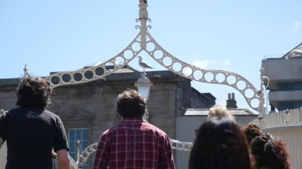 Fußgänger Überqueren Die Liffey Bridge Penny Bridge Dublin Irland Slow — Stockvideo