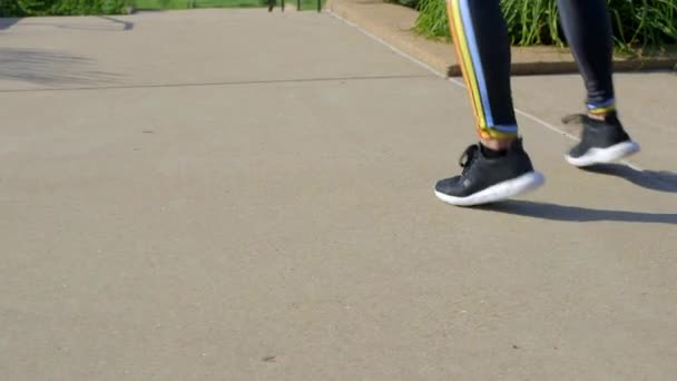 Joven Entrenador Femenino Forma Rebota Corre Lugar Antes Carrera Parque — Vídeos de Stock