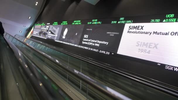 从一个经过电子广告板的自动扶梯和一个滚动的票贩子那里可以看到新加坡交易所的内部景象 慢镜头 — 图库视频影像