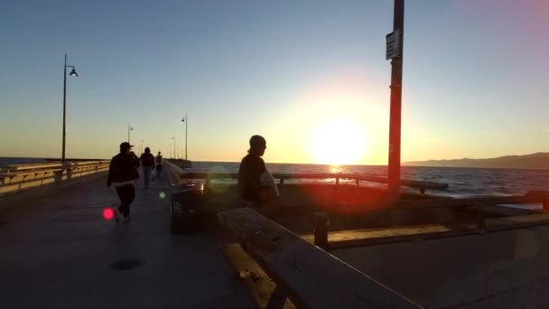 Slow Motion Approach Guitar Player Silhouette Venice Pier — Stock Video