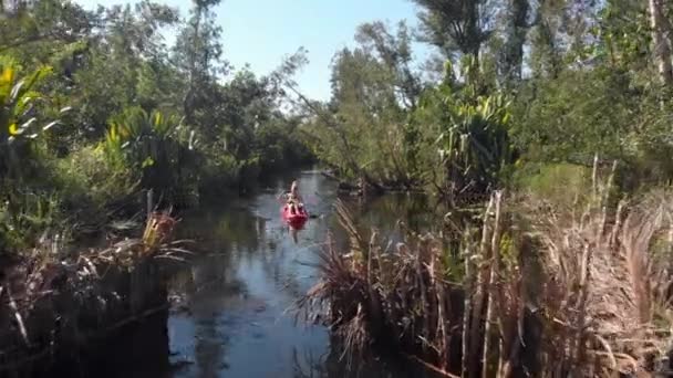 Blondes Mädchen Beim Kajakfahren Einem Kleinen Fluss Hinter Einem Hölzernen — Stockvideo