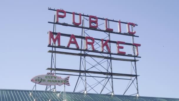 Pike Place Αγορά Εξωτερικό Σημάδι — Αρχείο Βίντεο