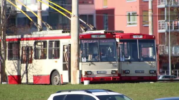 Stary Trolejbus Stoi Boisku Kierowca Wychodzi — Wideo stockowe