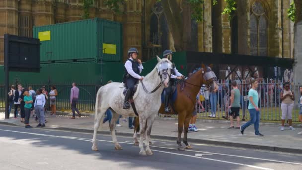 ドナルド トランプ大統領への抗議の間 ウェストミンスターの道路をパトロールしている馬に乗って英国警察 — ストック動画