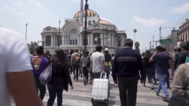 Voetgangers Steken Straat Naderen Palacio Bellas Artes Het Historische Centrum — Stockvideo