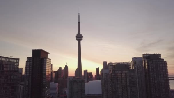日の出の間にトロントのCnタワーとスカイラインの空中ドーリー — ストック動画