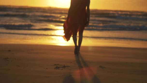 Эпический Снимок Женщины Идущей Пляжу Закате Красивый Пейзаж Волнами Женским — стоковое видео