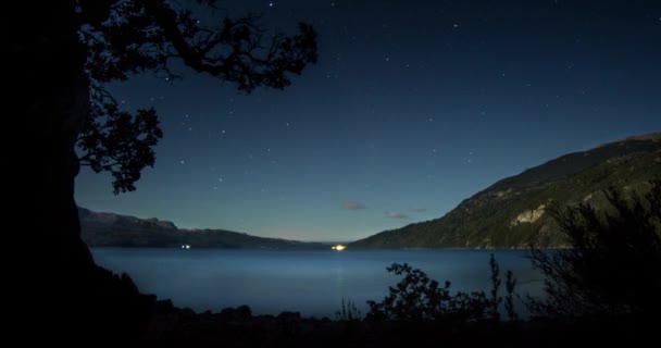 アルゼンチンのパタゴニアからの経過時間 山と森の真ん中に 星でいっぱいの壮大な空を持つ湖の風景 — ストック動画
