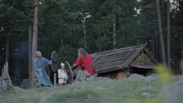 Viking Age Village Újrajátszás Vikingek Szocializálás Gyakorlás Karddal — Stock videók