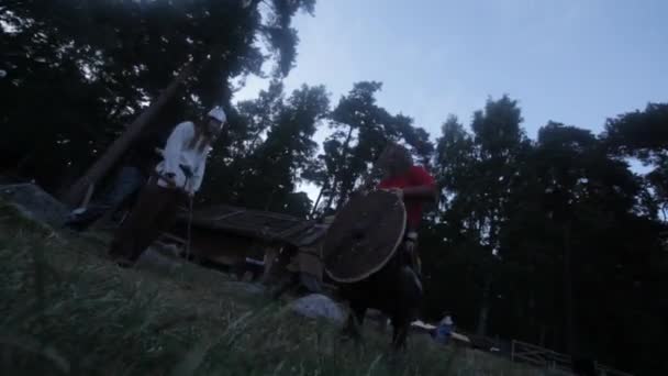 Rekonstrukce Vikingské Vesnice Vikingové Socializující Cvičící Meči — Stock video