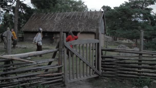 Viking Age Village Reenactment Vikingen Socialiseren Oefenen Met Zwaarden — Stockvideo