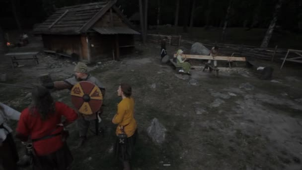 Viking Age Village Reenactment Vikings Socializing Practicing Swords — Stock Video