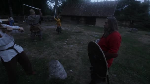 Відновлення Села Епохи Вікінгів Суспільство Практика Мечами — стокове відео