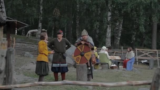 Reconstituição Vila Viking Age Vikings Socializar Praticar Com Espadas — Vídeo de Stock
