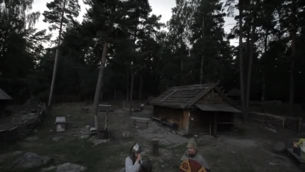 Viking Age Village Reenactment Vikings Socializing Practicing Swords — Stock Video