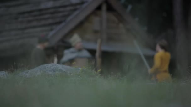 Rekonstrukce Vikingské Vesnice Vikingové Socializující Cvičící Meči — Stock video