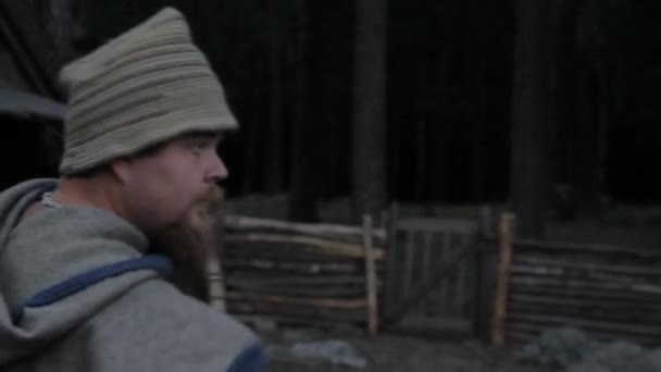 Viking Age Village Reenactment Vikings Socializing Practicing Swords — Stock Video