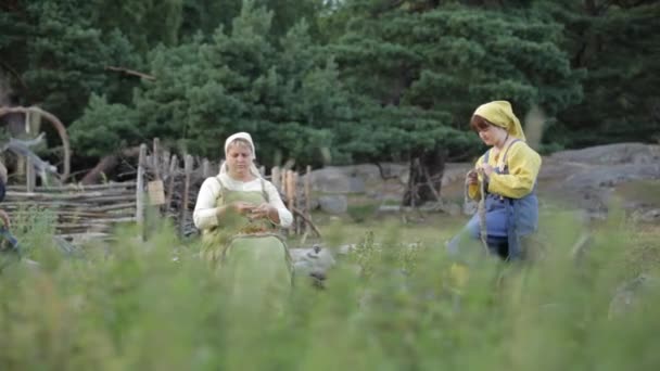 Viking Age Village Reenactment Sweden Inglês Vikings Socializando Uma Amêijoa — Vídeo de Stock