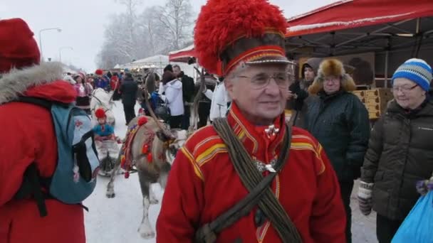 Sami Family Reindeer Make Yearly Traditional Appearance Jokkmokk Market 400 — Stock Video
