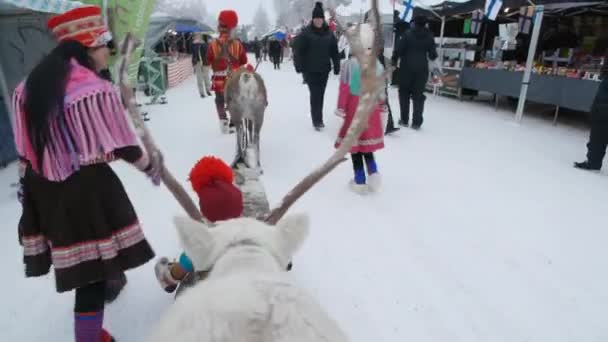 Samisk Familj Och Renar Gör Sitt Årliga Traditionella Framträdande Jokkmokks — Stockvideo