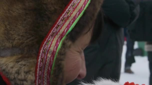 Sami Family Reindeer Make Yearly Traditional Appearance Jokkmokk Market 400 — Stock Video