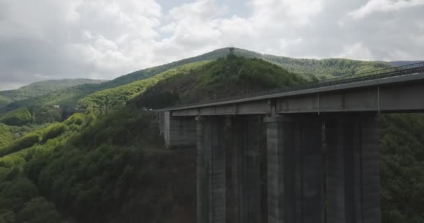 Drone Tiros Uma Ponte Longo Uma Estrada Entre Uma Floresta — Vídeo de Stock