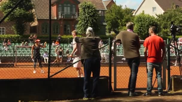 Female Tennis Players Play Hard Clay Court Hot Summer Day — Stock Video