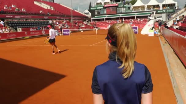 테니스 선수들은 토너먼트에서 열심히 경기한다 클레이 여름날 — 비디오