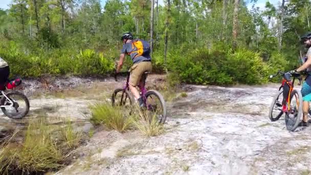 Grupo Ciclistas Fuera Carretera Montar Bicicleta Montaña Acampar Área Silvestre — Vídeos de Stock