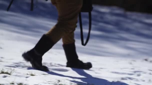 Fotograf Går Genom Snön Med Sin Fotoutrustning — Stockvideo