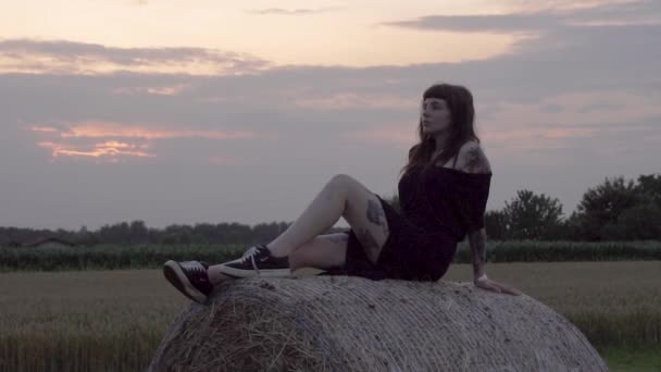 Красива Альтернативна Чорнильна Дівчина Позує Великий Тюк Сіна Іллі — стокове відео