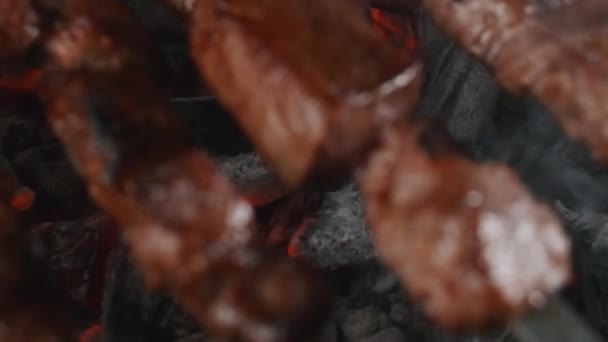 Carbone Caldo Sotto Barbecue Fumante Cucinato Una Griglia — Video Stock