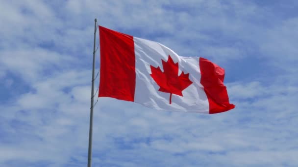 Stor Kanadensisk Flagga Solig Dag Blå Himmel Med Höga Cirrusmoln — Stockvideo