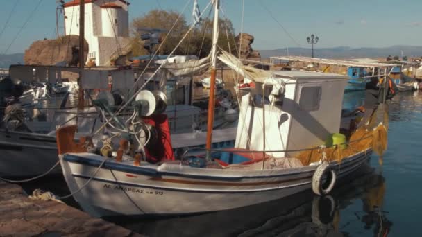 Greek Traditional Fishing Boat Docked Seaside Village Harbor — Stock Video