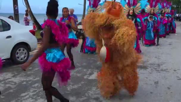 Happy Kids Wearing Feline Purple Traditional Costumes Masks Multicultural Carnival — Stock Video