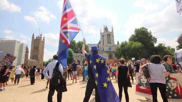Активіст Протестуючи Проти Візиту Президента Трампа Лондона Махає Композитним Прапором — стокове відео