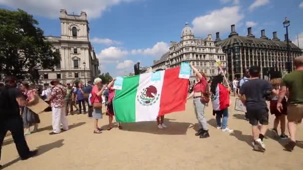 대통령 트럼프가 멕시코 국기를 흔들며 런던을 방문하는 반대하는 운동가 — 비디오