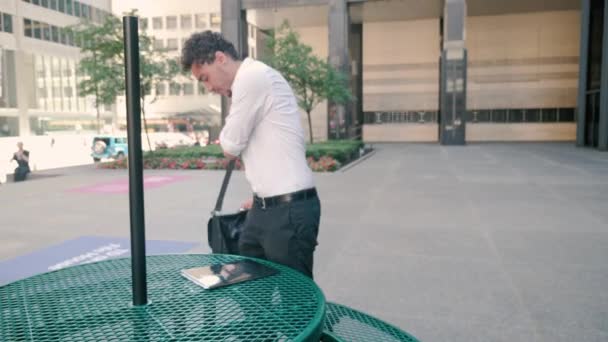 Attractive Professional Walks Focus Looks Documents His Lunch Break Working — Stock Video