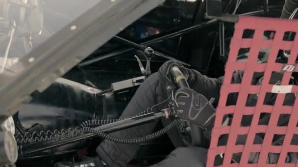 Dentro Cockpit Carro Corrida Com Motorista Volante — Vídeo de Stock