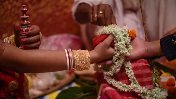 Boda India Bengalí Colorido Con Las Manos Unidas Novia Novio — Vídeos de Stock