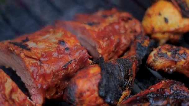 Spredning Barbecue Sauce Nogle Lækre Ribben – Stock-video