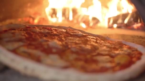 Pizza Κρυώνει Μια Ξύλινη Oven Και Cheese Βουίζει — Αρχείο Βίντεο