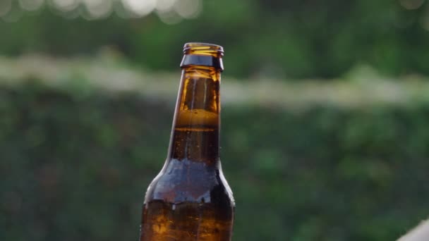 Slow Motion Lowering Brown Opened Beer Bottle — Stock video