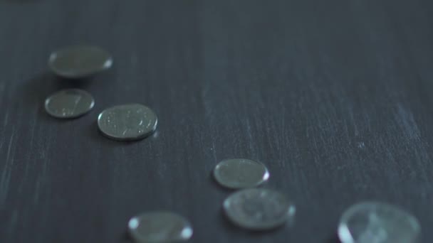 Close Coins Falling Scattering Slow Motion — Stock Video