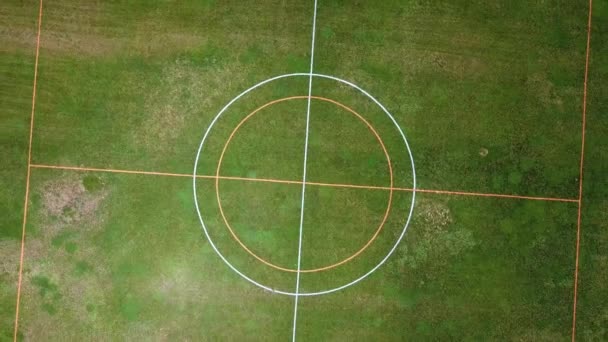 Unique Aerial Rising Spiral Shot White Lined Green Sports Field — Stock Video
